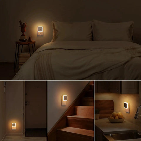 8 Pack Dusk To Dawn Wall Plug Night Lights 3000K Warm White LED installed in bedroom, hallway, stairs, and kitchen outlets