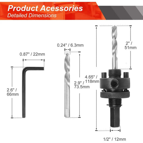 Heavy Duty Hole Saw Arbor Kit With Five Center Drill Bits Quick Change Half Inch Hex Shank Fits One And One Half Inch To Ten Inch Hole Saws Durable Carbon Steel Construction Universal Design For Quick Clean Holes dimensions and components displayed.