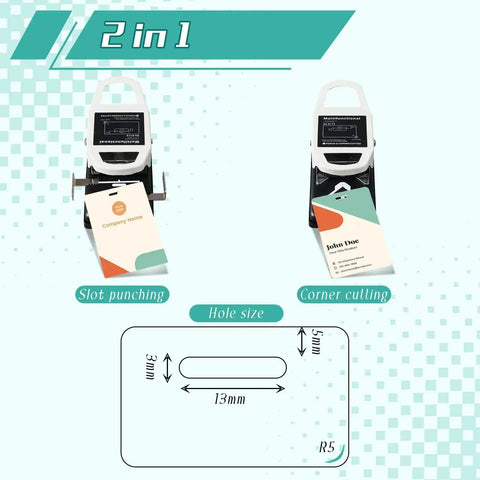 2 In 1 ID Badge Slot Hole Punch For 3x13mm Slots And R5 Card Corner Trimmer showing slot and corner cut with size diagram.