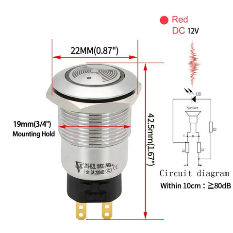 Diagram showing Red LED Buzzer Alarm Indicator Light For 12V Systems in stainless steel housing with dimensions and circuit diagram.