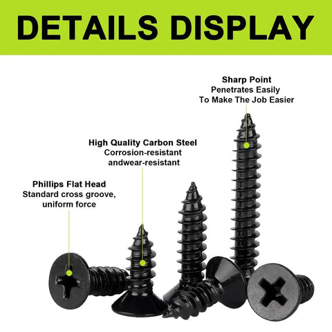 Size Four Flat Head Wood Screws Assortment Kit, 420 Pieces, Black Phillips Short Screws, Carbon Steel, For Cabinet Hinge Mounting And Electronics DIY Micro Screws Fasteners Set, Includes 20 M6 Screw Anchors details display with sharp points