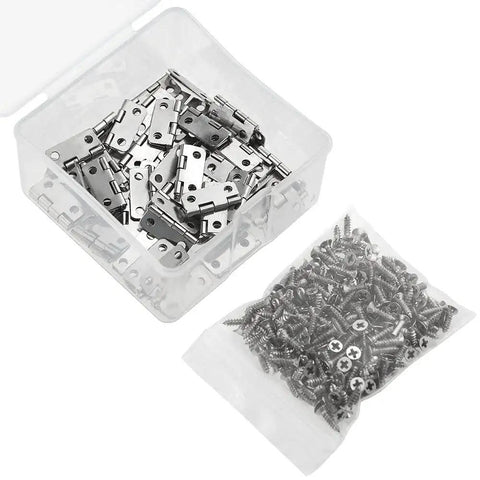Mini Metal Hinges Set 60 Pcs 16x13mm 180 Degree for Small Wooden Boxes Dollhouses Jewelry Chests Cabinets DIY Craft Hardware with Plated Iron Construction and 11mm Center to Center Spacing, shown with screws and storage box