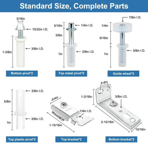 Door Hardware Repair Kit 2 Pack For Bifold Sliding Closet Pocket And Barn Doors With Top And Bottom Brackets Three Eighths Inch Pivot And Seven Eighths To One Inch Guide Wheels Fits Common Track, showing size and components.