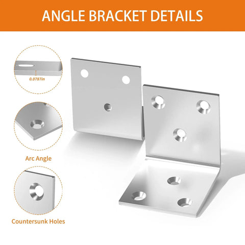 20 Pcs Stainless Steel L Brackets 2x2x2 Inch Heavy Duty Corner Braces for Wood with countersunk holes and arc angle details