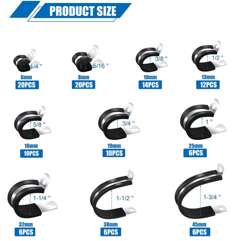 Cable clamp set, Amazon Twidec, 110pcs, 304 stainless steel with rubber-coated cushions, 10 sizes 6mm to 45mm.