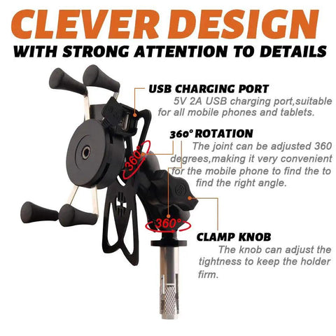 Heavy Duty Motorcycle Phone Mount With USB Charger Ultra Secure Phone Holder showing 360° rotation and clamp knob features