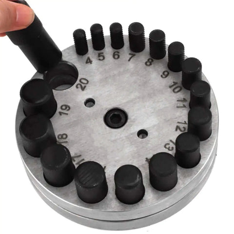 Round Disc Cutter Set For Jewelry Making And Metal Crafting, 17 Die Punch Kit with Hole Puncher, top view showing numbered dies