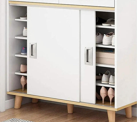 Concealed Recessed Flush Pull Handle 2-Pack Stainless Steel Hidden Flat Sliding Door Pulls on white cabinet with shoes