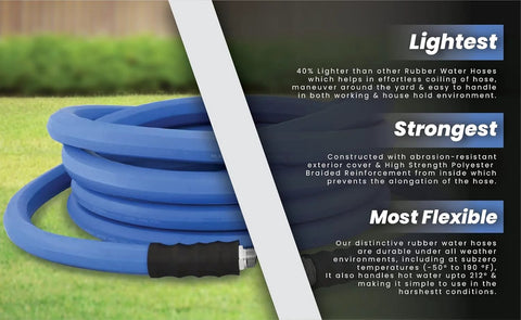AG-LITE rubber garden hose, 5/8 in x 25 ft, blue, coiled on grass with black spray nozzle