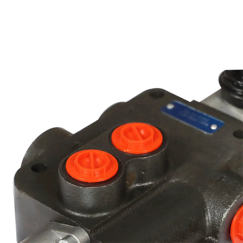 Close-up of Hydraulic Control Valve With One Spool 21 GPM SAE Directional Valve 3600 PSI cast iron body for dump trucks and agricultural vehicles.