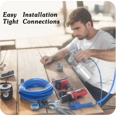 MSAEIQUN blue polyurethane air hose kit, 8mm OD x 5mm ID, 10 m length on a wooden workbench with tools.