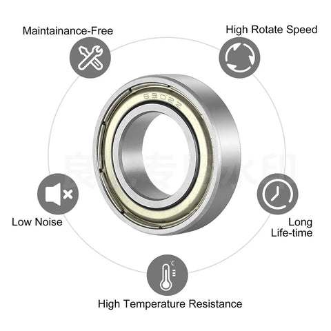 6806ZZ ball bearing 30x42x7mm with dual shields, showcasing features like low noise, high speed, long life, and temperature resistance.