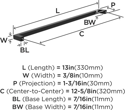 Diagram showing measurements of Matte Black Cabinet Pull For Modern Cabinets And Furniture Monument Collection 13 Inch Overall Length 12 5 8 Inch Center To Center Mounting Durable Metal Drawer Pull Amerock BP36911FB