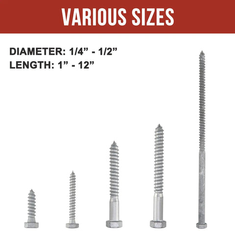 Various sizes of hot dip galvanized carbon steel lag screws, including a half inch by twelve inch lag bolts with washers, 12 pack.