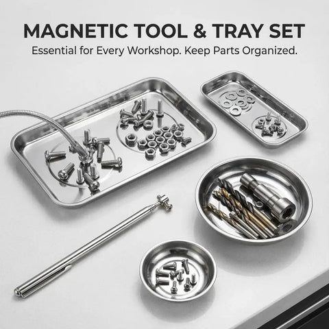 Telescoping Magnetic Pickup Tools Set With A Pro Grade 31 Inch Reach, 25 Inch Pen Style Magnet, 20 Inch Flexible Spring Grabber, 9 Inch And 6 Inch Rectangular Magnetic Trays, And 4 Inch And 6 Inch Magnetic Bowls For Garage, Auto Repairs, And DIY Projects.
