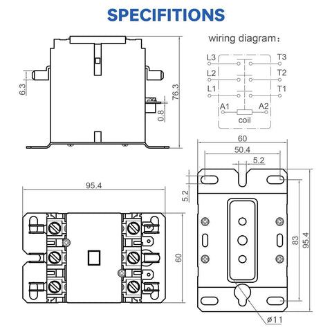 Technical diagram of Three Pole 40 Amp 240V AC Definite Purpose Contactor for air conditioner condenser with wiring and dimensions.
