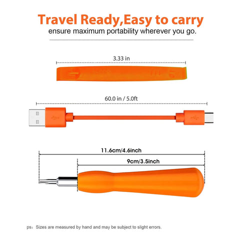 Must Have Replacement Doorbell Screwdriver And USB Charging Cable Kit For Video Doorbell Series 1 2 3 Pro Elite Fits Ring Video Doorbell Systems Security Screws Orange, including orange handle, USB cable, and pry tool with size annotations