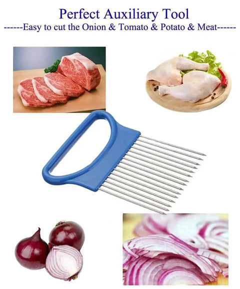 Crinkle Cut Knife Set With Fork Slicing Helper And Three Stainless Steel Wavy Cutters shown with meat and vegetables