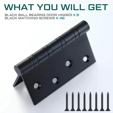 Black 6 pack 4x4 inch ball bearing door hinge with square corners, stainless steel heavy duty exterior hinges and 48 matching screws.