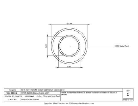 Technical drawing of Titanium Socket Head Machine Screw For Thread Size Zero To Eighty UNF Grade Two CP Pack Of Twenty Five