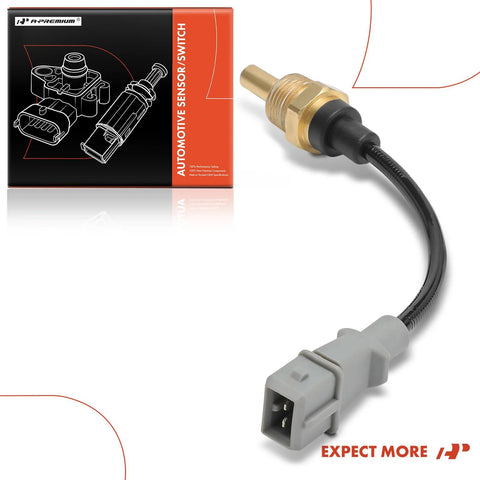 Automotive A-Premium 2-pin engine coolant temperature sensor with brass body and gray connector, boxed