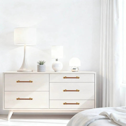 White dresser with 10 Pack 5 Inch Cabinet Pulls In Wood And Gold Finish Round Wood Kitchen Cabinet Handles And Dresser Knobs Modern Furniture Hardware installed.