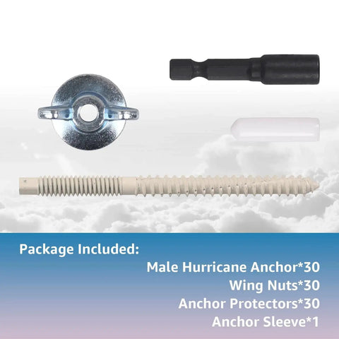 Heavy Duty Hurricane Anchor Kit Set For Fixing Shutter Panels Storm Panels And Sliding Glass Doors Plywood Compatible Includes Driving Tool 30 Sets Of 1/4-20 By 2-1/4 Inch Male Anchors Wingnuts And Protectors components shown