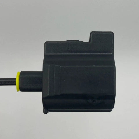 Side view of DigiAutoPart brake fluid level sensor connector wiring harness, black plastic housing with yellow seal.