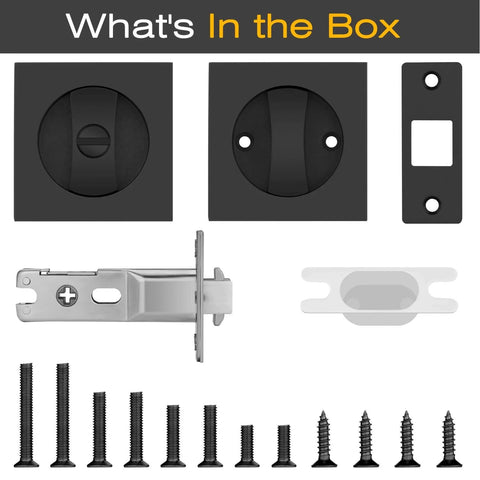 Components of Matte Black Pocket Door Lock Set No Key Needed Privacy Latch For Bedroom And Bathroom, Heavy Duty Sliding Door Hardware
