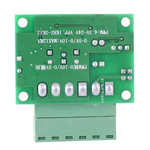 PWM To Voltage Converter Module For 0 To 10V Output Convert 5V Or 24V PWM Signals To Analog Control Frequency To Voltage Converter 1 To 3 KHz Range Digital To Analog Board For CNC Audio Hobby Projects, showing green circuit board with terminals.