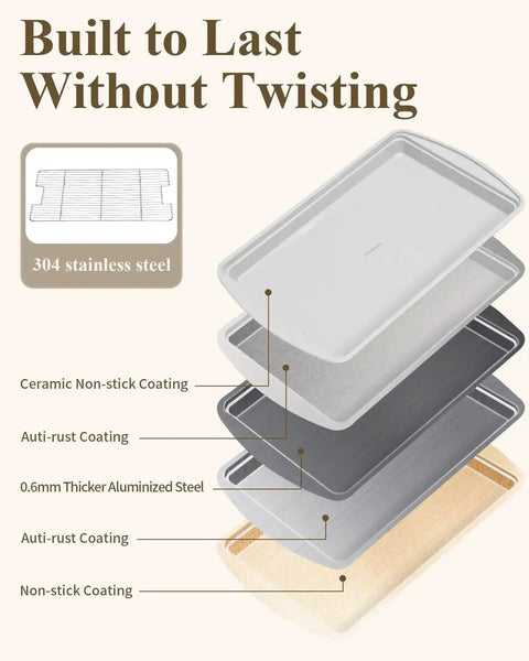 Nonstick Crisp Baking Tray With Wire Rack 15x10 Jelly Roll Pan Ceramic Coating layers showing construction details