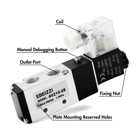 5 Port 2 Position Pneumatic Solenoid Valve Pilot Operated 5/2 Valve With Dual-Voltage DC12V/DC24V/AC110V Supply 1/4 Inch NPT Connection includes junction box.