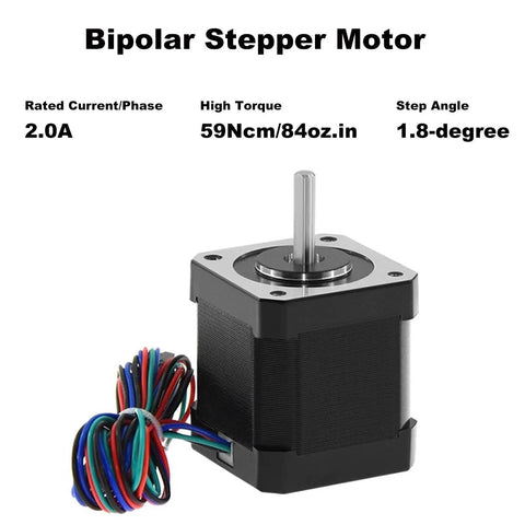 Black NEMA 17 bipolar stepper motor with metal shaft and 4-lead cable for 3D printers CNC machines