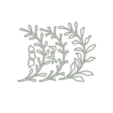 3 Piece Flower Leaf Branches Metal Die Cuts Set for DIY Embossing and Card Making shown in silver metal frame
