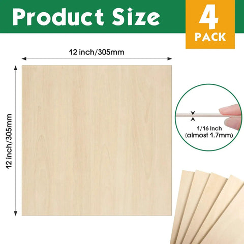 4 Pack Basswood Sheets 1/16 X 12 X 12 Inch for laser cutting and engraving, thin balsa wood sheets shown with size and thickness.