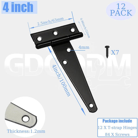 12 Pack 4 Inch T Strap Hinges Black For Shed Barn Gates And Fences Premium Wrought Iron Hardware with screws and dimensions shown