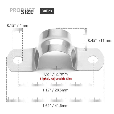 Front view of stainless steel conduit clamp U-bracket, 1/2 inch, two-hole strap for rigid conduit.