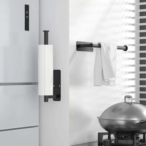 No Drill Under Cabinet Paper Towel Holder With Self Adhesive Wall Mount for Kitchen Rack in matte black finish near kitchen counter.