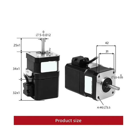 Two brake stepper motors, 12V, 4-lead, 28 Ncm, NEMA17; front and side views.