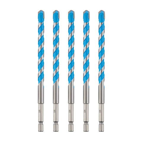 3/8 Inch Masonry Drill Bit Set With Shockproof Hex Shank For Hammer Drills, Works On Concrete, Tile, Brick, Glass, Plastic, And Cement, 5 Pack