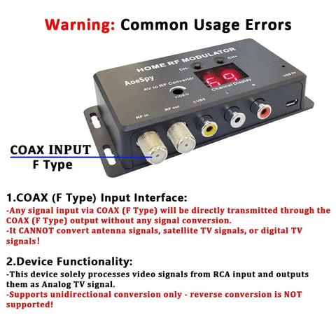 RCA To Coax RF Modulator Converter With Channel Switch For TV Tuner And Set Top Boxes, highlighting common usage errors.