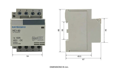 Front and side view of 60 Amp 4 Pole Normally Open Contactor With 110 To 120V Coil For Motor Load 40A And Lighting 63A