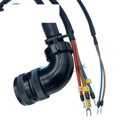 A2 series servo motor brake cable with elbow housing; black curved connector and multi-color leads with crimp terminals