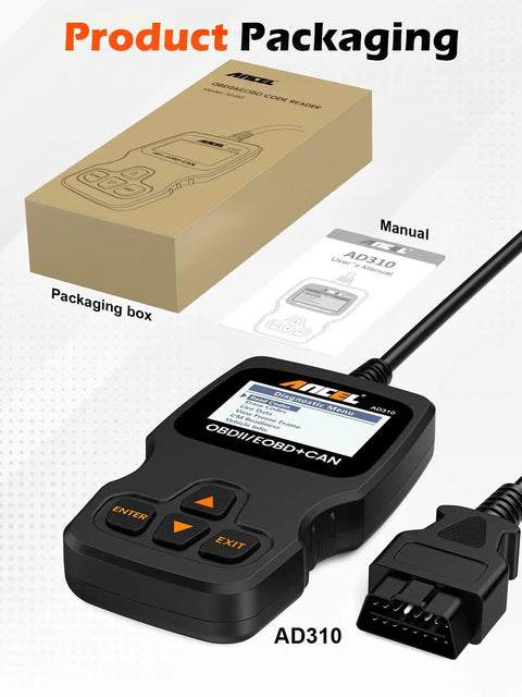 Classic Enhanced OBD II Scanner For Your Ride Read And Clear Check Engine Codes CAN Diagnostic Tool For 1996 And Newer Vehicles Works With All OBD2 Protocol Cars Black in packaging with manual.
