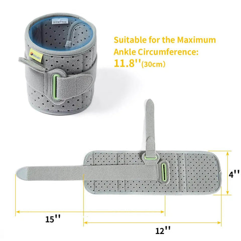Gray Drop Foot Ankle Brace Orthosis with Cushioned Comfort, Adjustable Wrap Compression, shown flat and rolled, max circumference 11.8 inches.