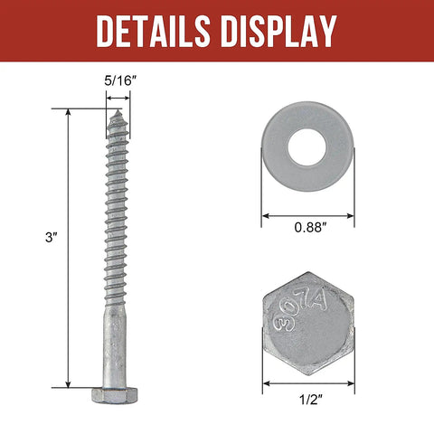 Heavy Duty 5/16 Inch By 3 Inch Lag Bolts For Wood With 50 Pieces And 50 Washers Hot Dip Galvanized Carbon Steel Hex Head Screws For Outdoor Projects Deep Threads For Strong Secure Wood Fastening displayed with dimensions