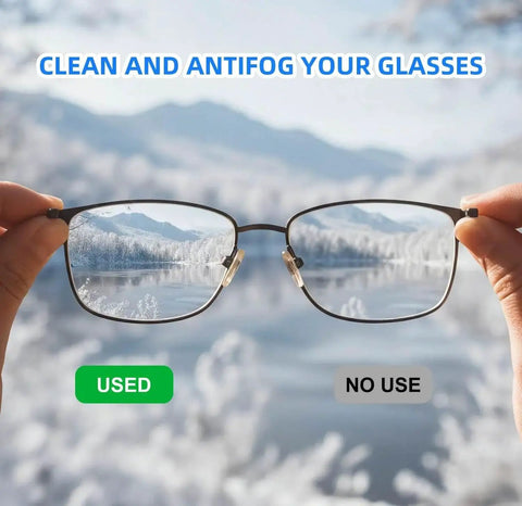 Anti Fog Wipes For Glasses And Lenses 100 Pack Pre Moistened Quick Dry showing clear and fogged lenses