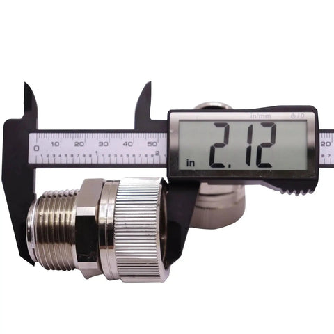 Caliper measuring 1 Inch NPT Female To 1 Inch NPT Male Fuel Hose Swivel Connector 360 Degree Rotating Beefy Brass Fittings