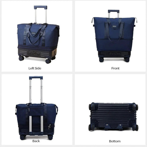 Expandable Rolling Duffle Bag With Wheels And Handle For Weekend Trips And Gym Mega Roomy Design Large Capacity Foldable Travel Luggage Carry On Sized Waterproof Durable Blue With Three Layer Expansion System showing all sides