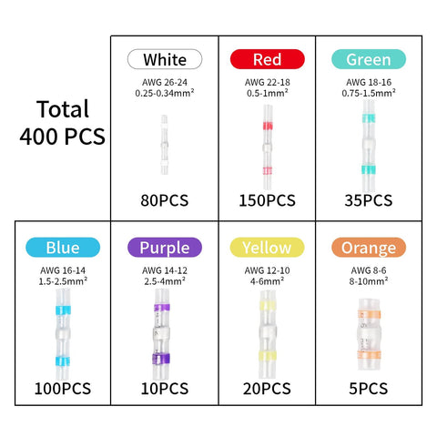 Amliber 400pcs solder seal wire connectors kit; color-coded: White80,Red150,Green35,Blue100,Purple10,Yellow20,Orange5.